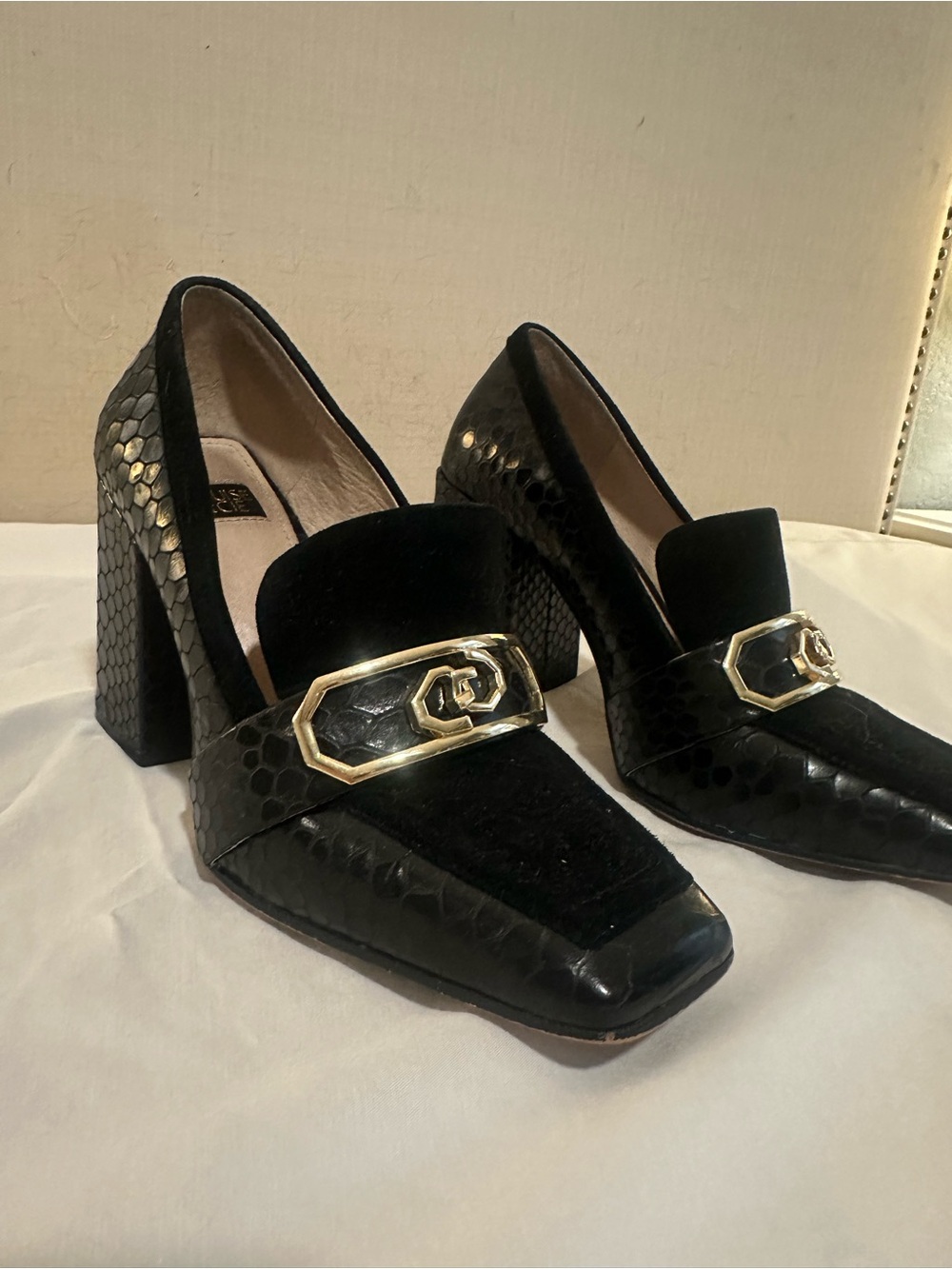 Louise et Cie Black Block Heel Loafers with Gold Accent